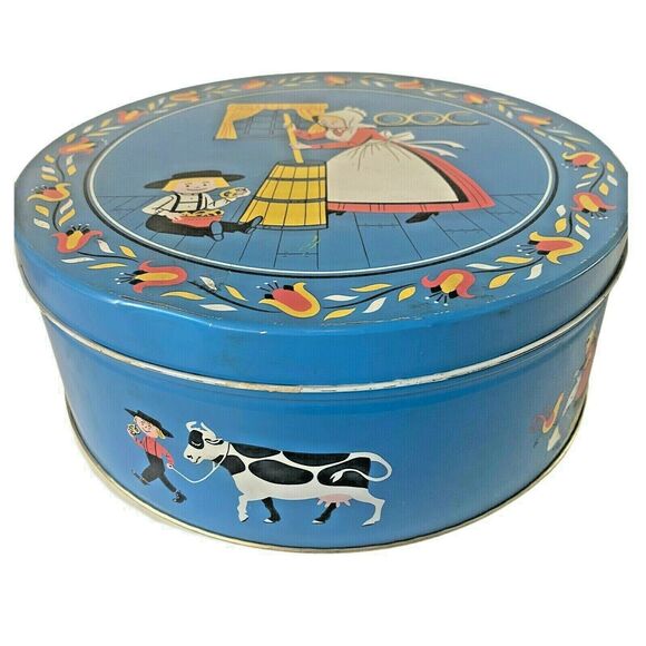 Vintage Quinlan’s Amish Dutch Round Tin Pennsylvania Blue Farm Butter Pretzel - Picture 2 of 12